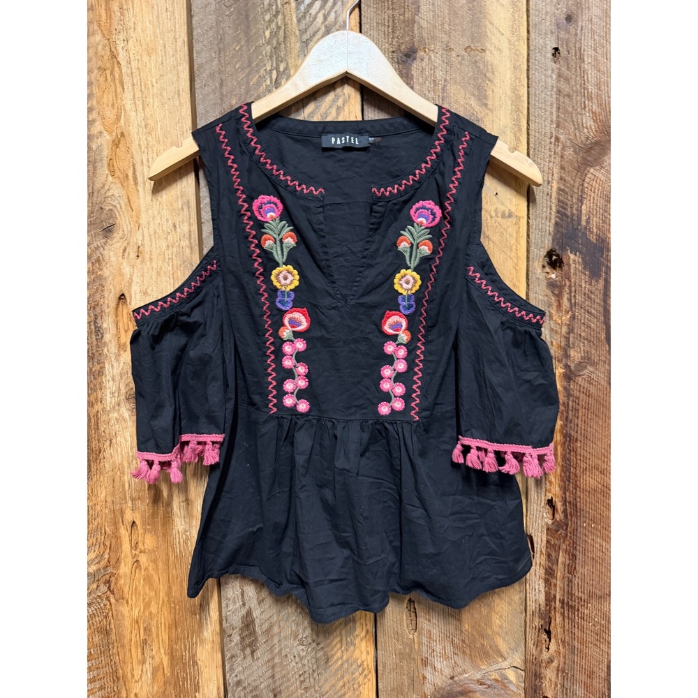 Embroidered Cold Shoulder Peasant Top Womens Small Boho Festival Folk Tassels